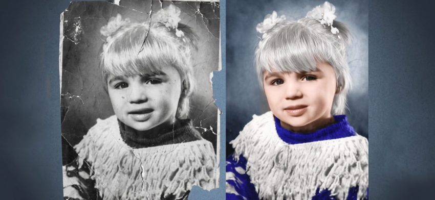 Старая треснувшая чёрно-белая фотография рядом с восстановленной цветной версией